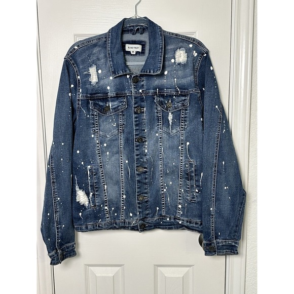 Jackets & Blazers - Blind Trust Denim Jean Jacket Distressed Splatter Paint Women's Size Medium Blue